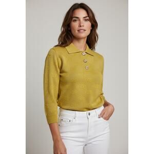 Gucci Yellow Metallic Wool Jacquard Collared Logo Polo